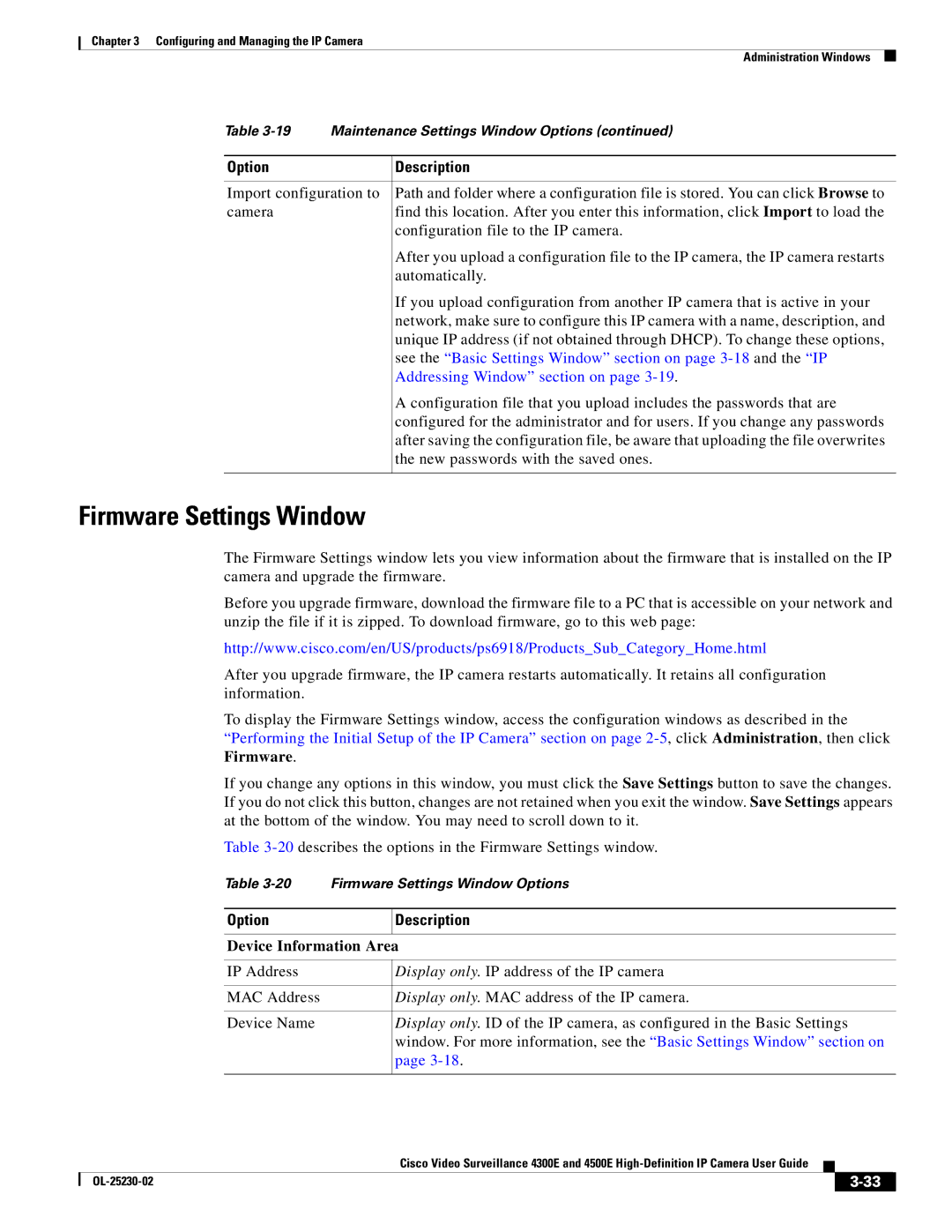 Cisco Systems 4500E, 4300E manual Firmware Settings Window, Addressing Window section on, Device Information Area 