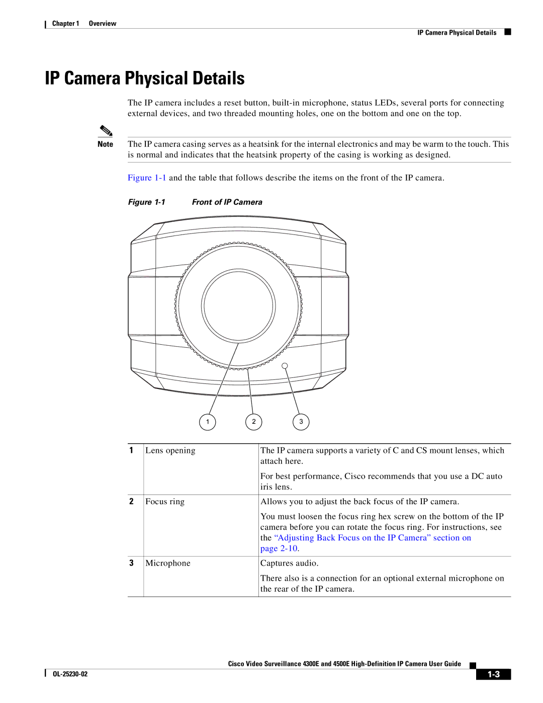 Cisco Systems 4500E, 4300E manual IP Camera Physical Details, Adjusting Back Focus on the IP Camera section on 