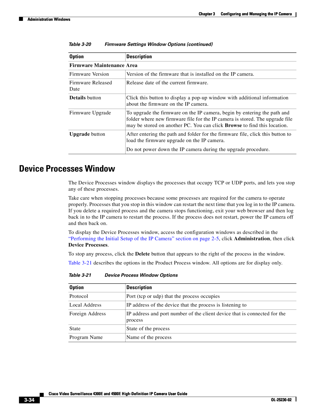Cisco Systems 4300E, 4500E manual Device Processes Window, Firmware Maintenance Area, Details button, Upgrade button, 3-34 