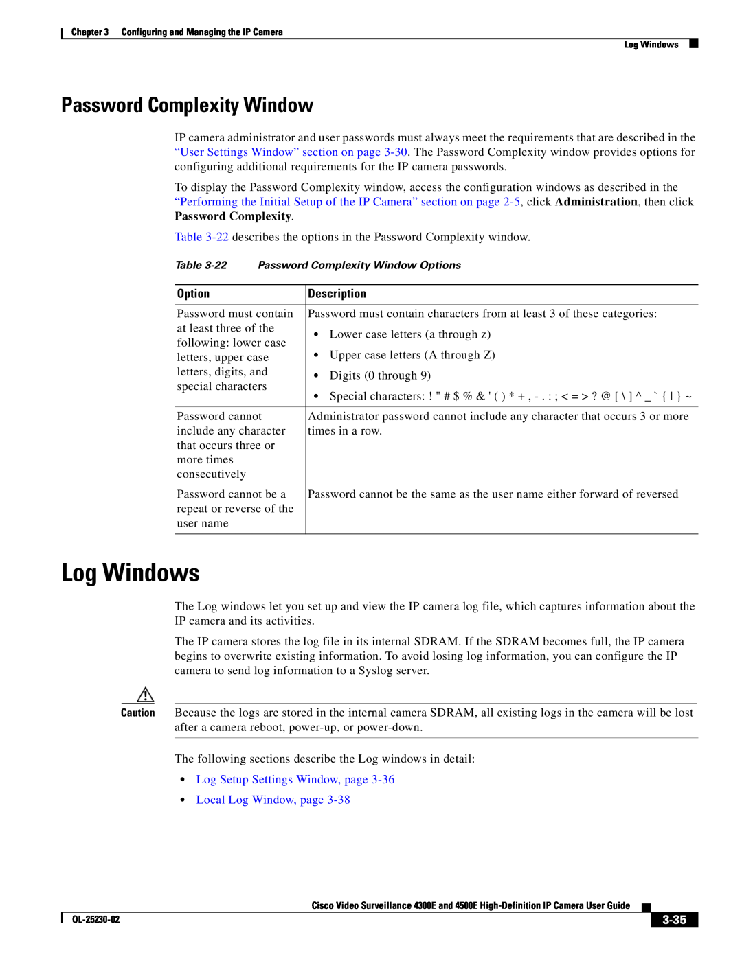 Cisco Systems 4500E Log Windows, Password Complexity Window, Log Setup Settings Window, page, •Local Log Window, page 