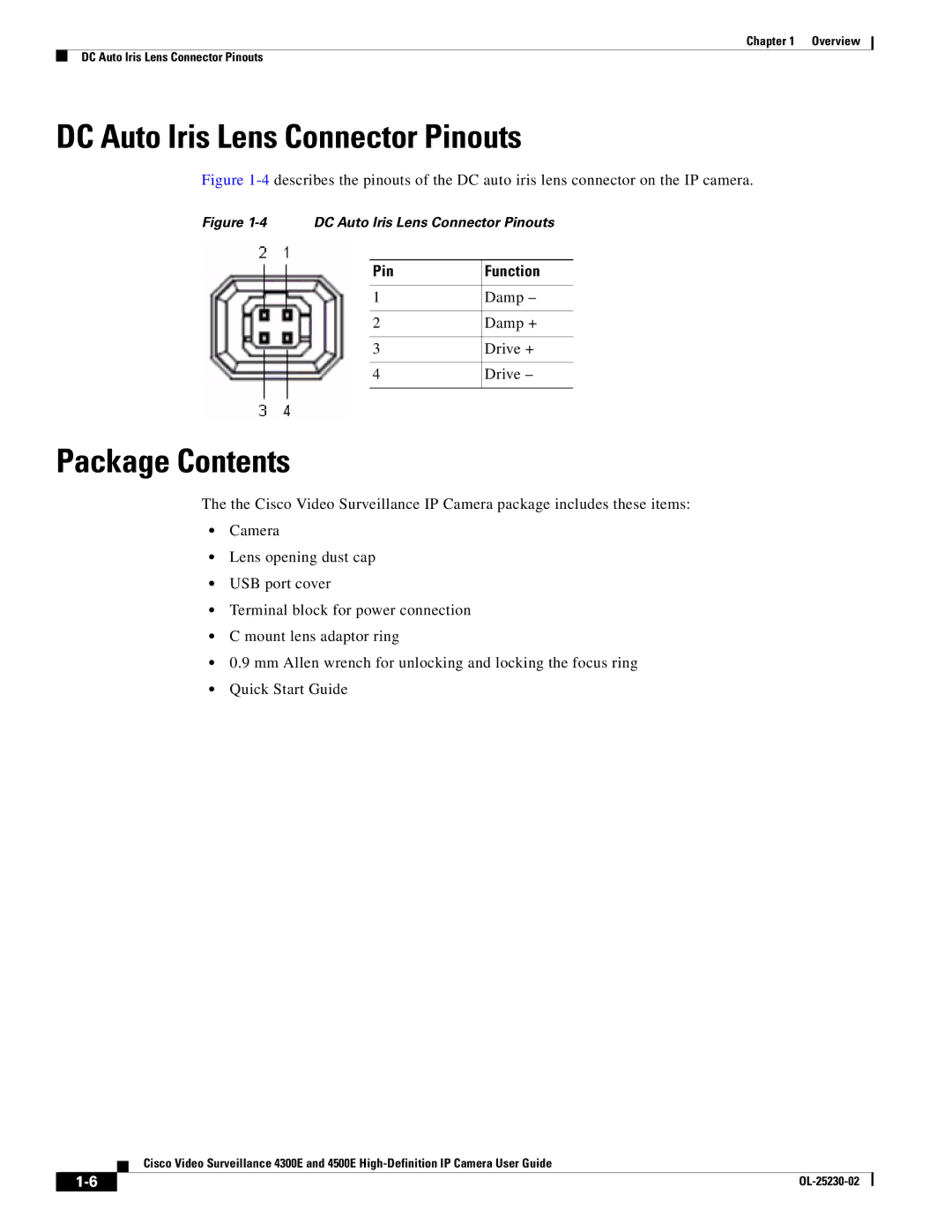 Cisco Systems 4300E manual DC Auto Iris Lens Connector Pinouts, Package Contents 