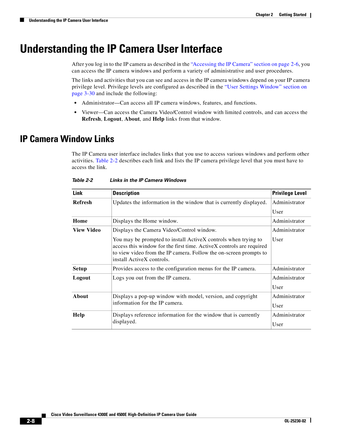 Cisco Systems 4300E manual Understanding the IP Camera User Interface, IP Camera Window Links, Link Description 