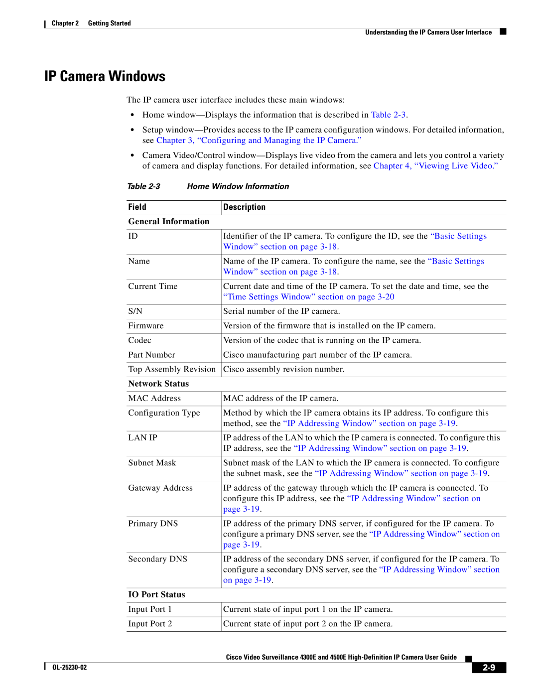 Cisco Systems 4300E manual IP Camera Windows, Field Description, General Information, Network Status, IO Port Status 