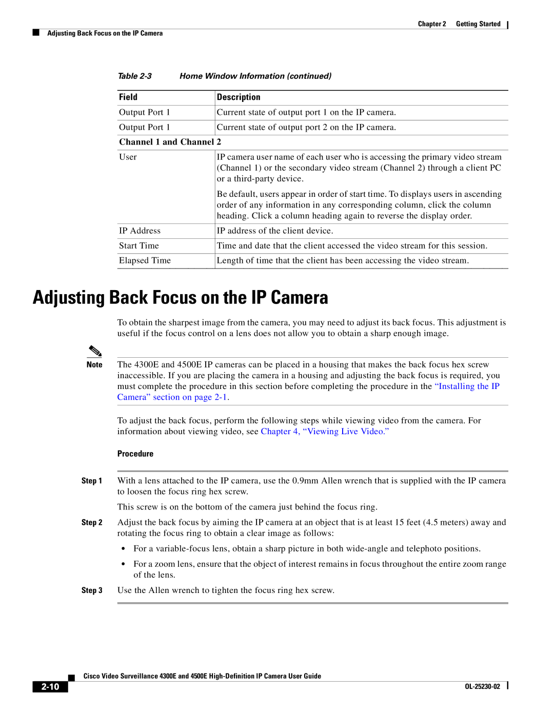 Cisco Systems 4300E manual Adjusting Back Focus on the IP Camera, Channel 1 and Channel 