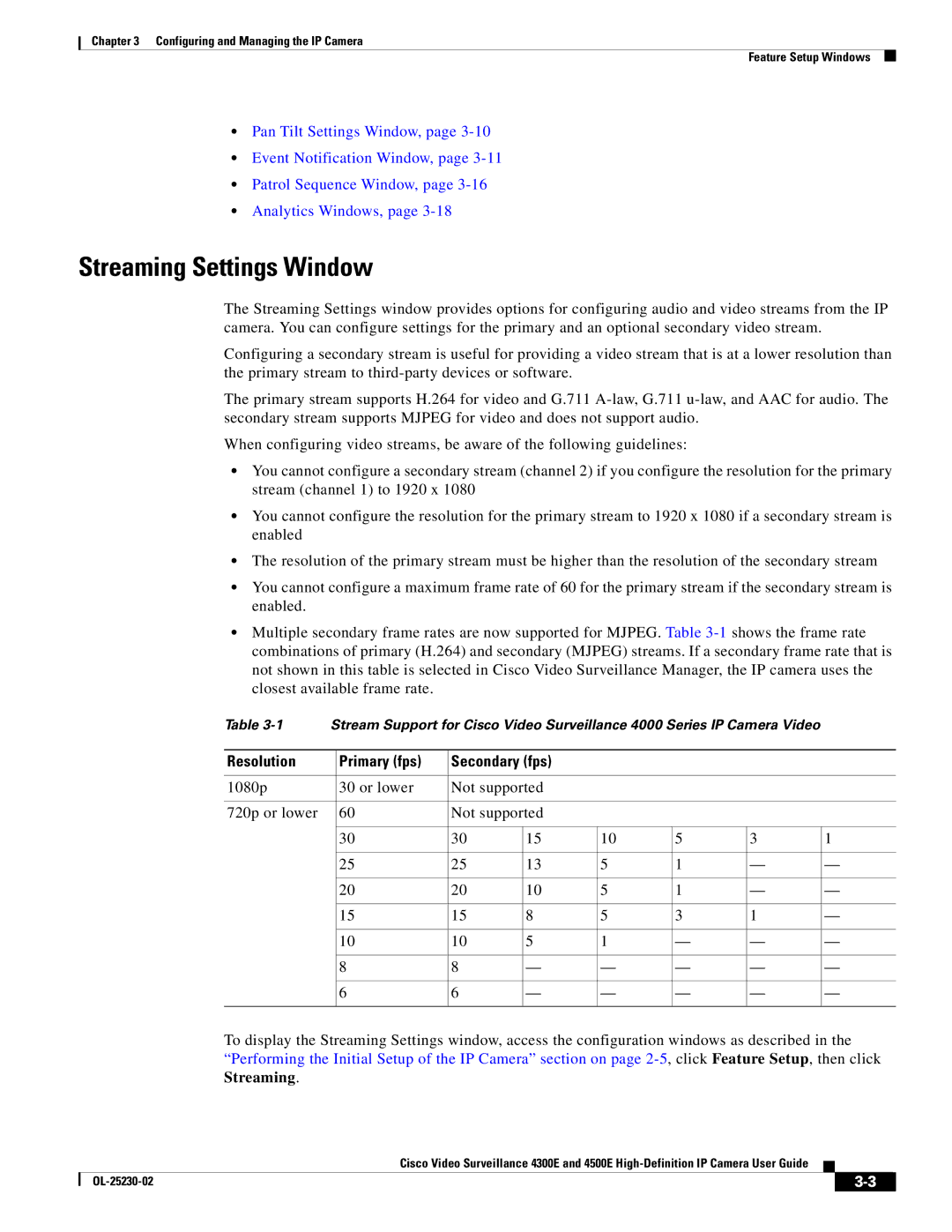 Cisco Systems 4300E manual Streaming Settings Window, Resolution Primary fps Secondary fps 