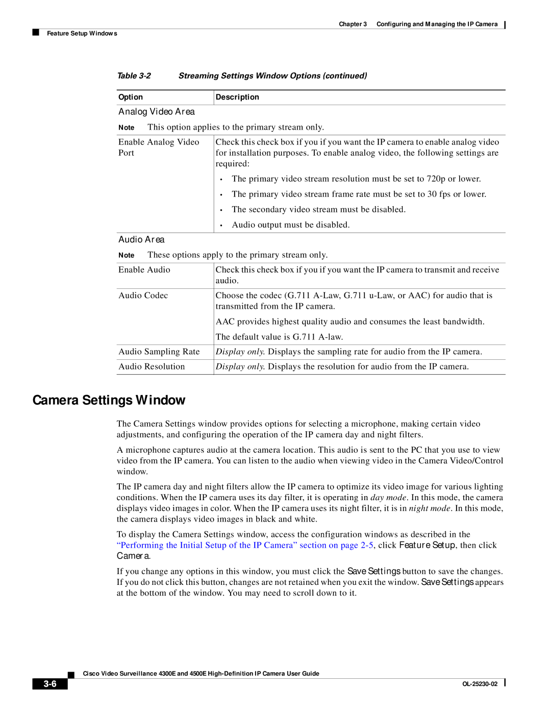 Cisco Systems 4300E manual Camera Settings Window, Analog Video Area, Audio Area 