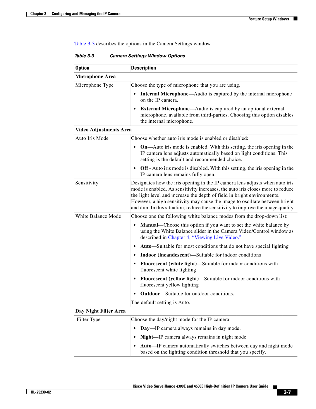 Cisco Systems 4300E Microphone Area, Video Adjustments Area, Described in , Viewing Live Video, Day Night Filter Area 