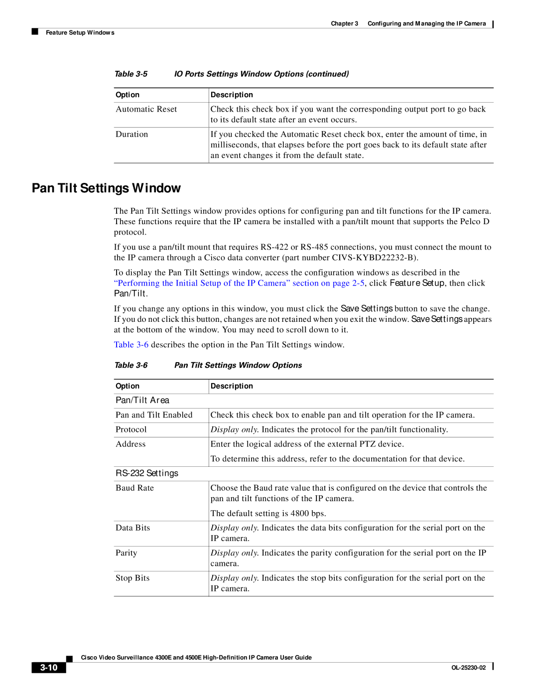 Cisco Systems 4300E manual Pan Tilt Settings Window, Pan/Tilt Area, RS-232 Settings 