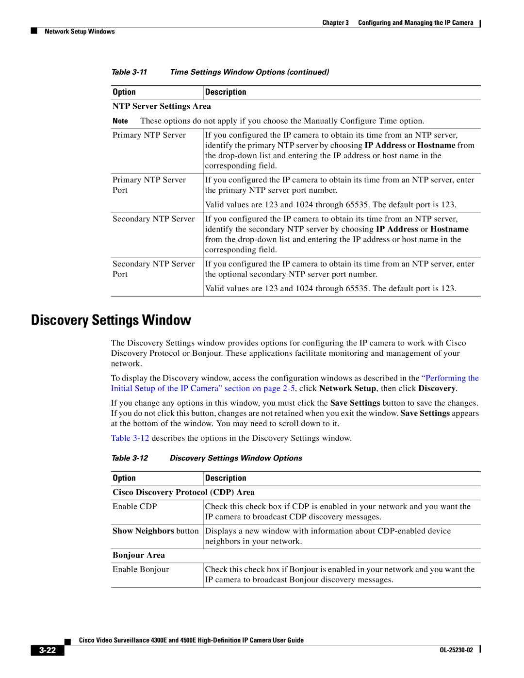 Cisco Systems 4300E Discovery Settings Window, NTP Server Settings Area, Cisco Discovery Protocol CDP Area, Bonjour Area 