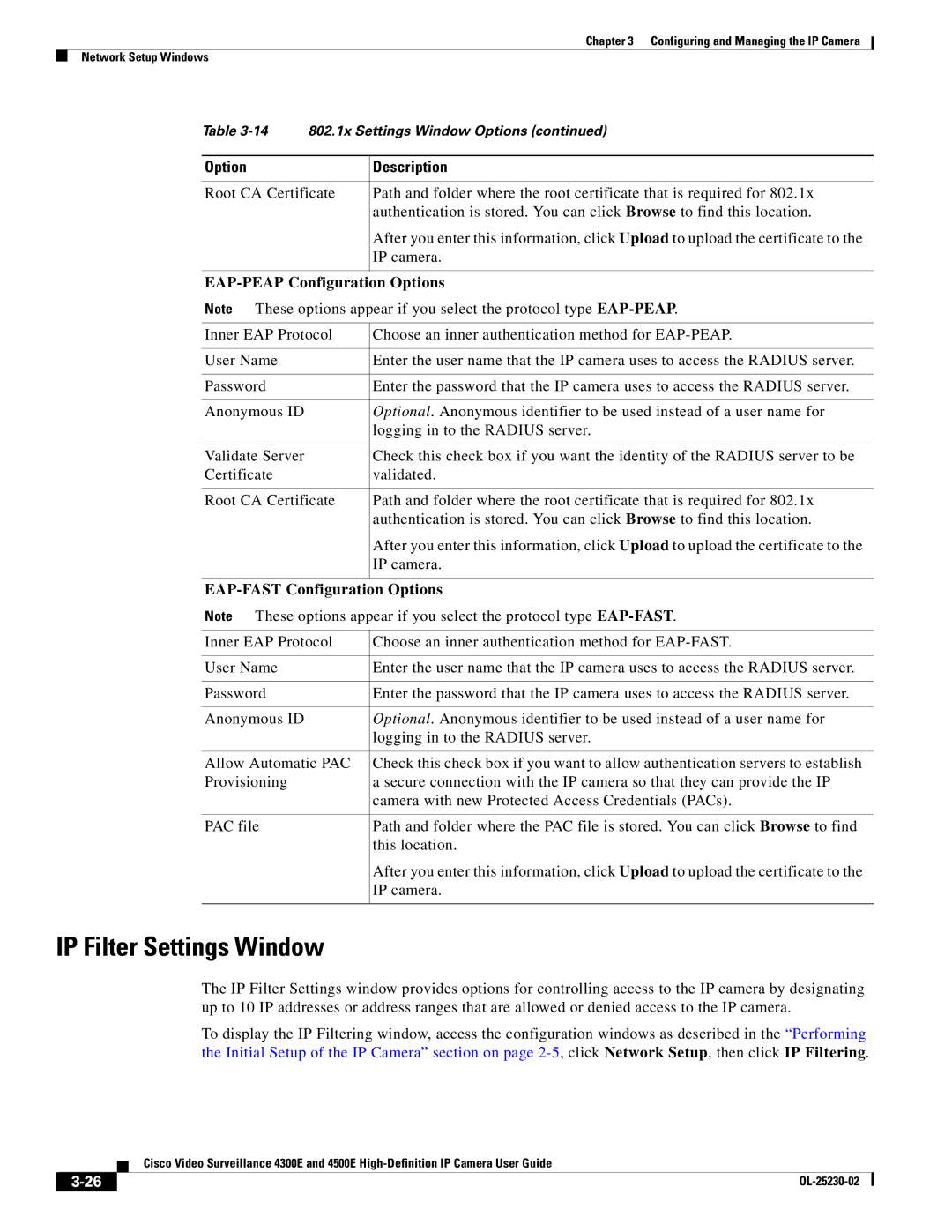 Cisco Systems 4300E manual IP Filter Settings Window, EAP-PEAP Configuration Options, EAP-FAST Configuration Options 