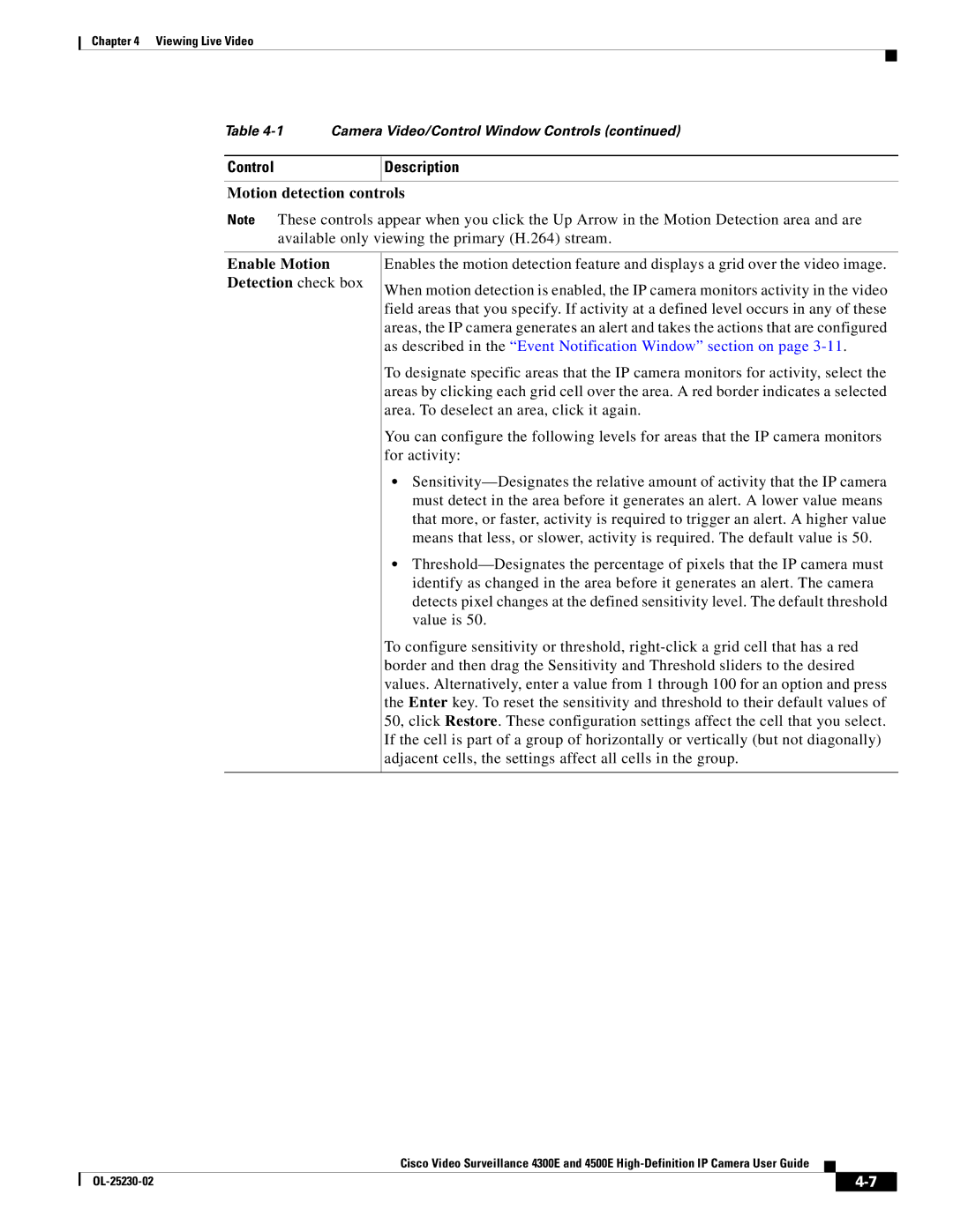 Cisco Systems 4300E manual Motion detection controls Enable Motion Detection check box 
