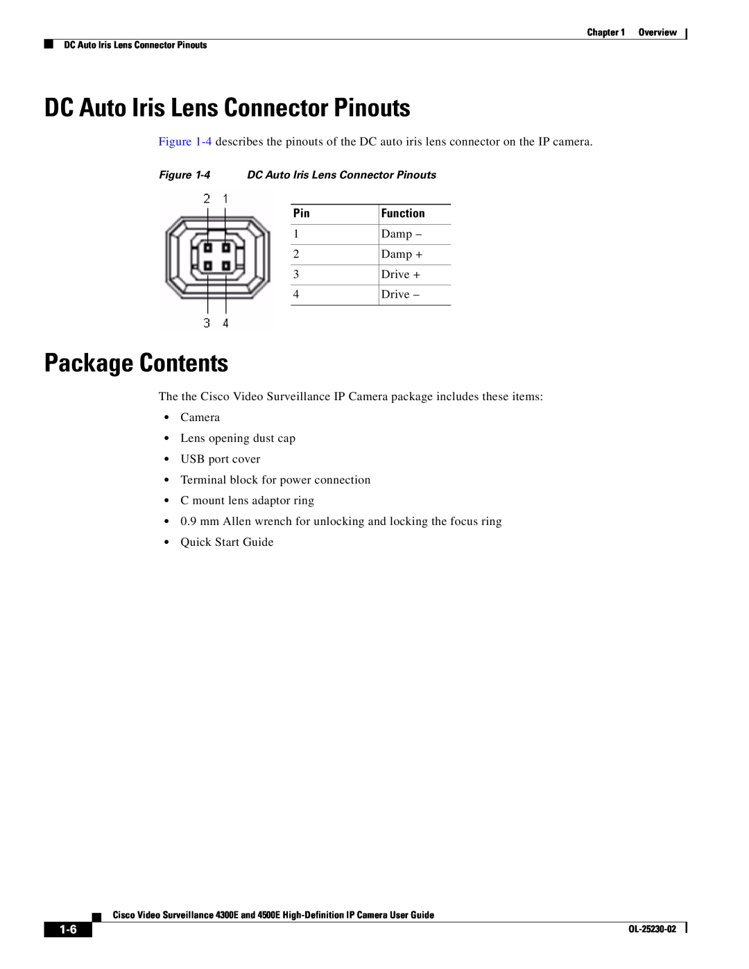 Cisco Systems 4300E manual DC Auto Iris Lens Connector Pinouts, Package Contents, Function 