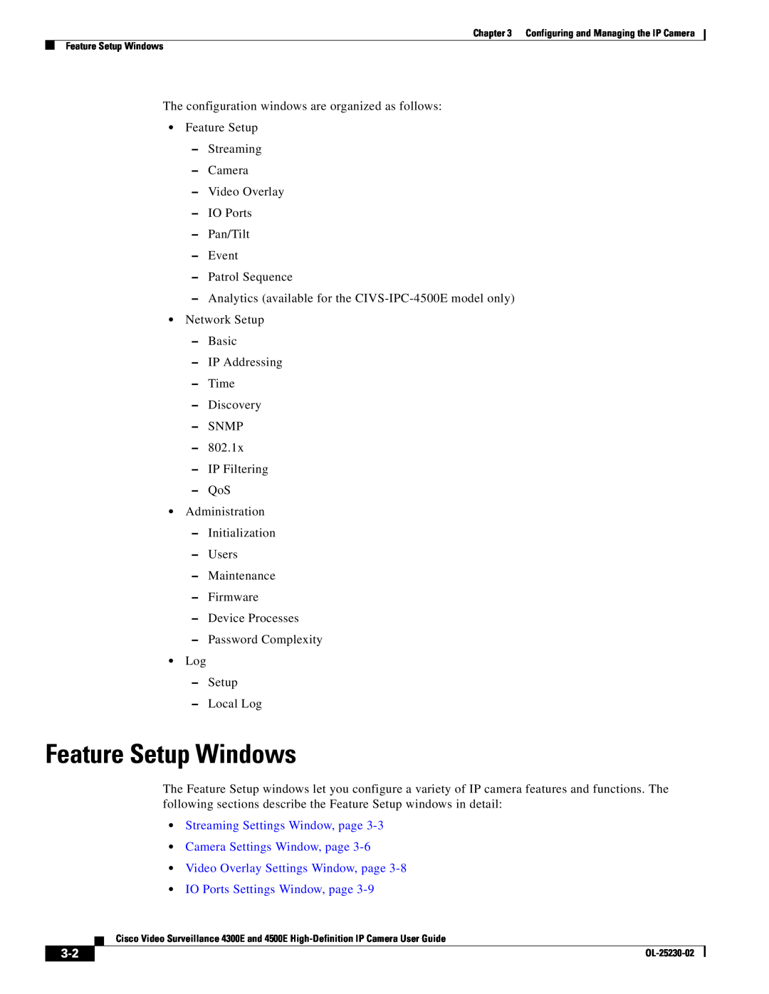 Cisco Systems 4300E manual Feature Setup Windows, Streaming Settings Window, page, Camera Settings Window, page 