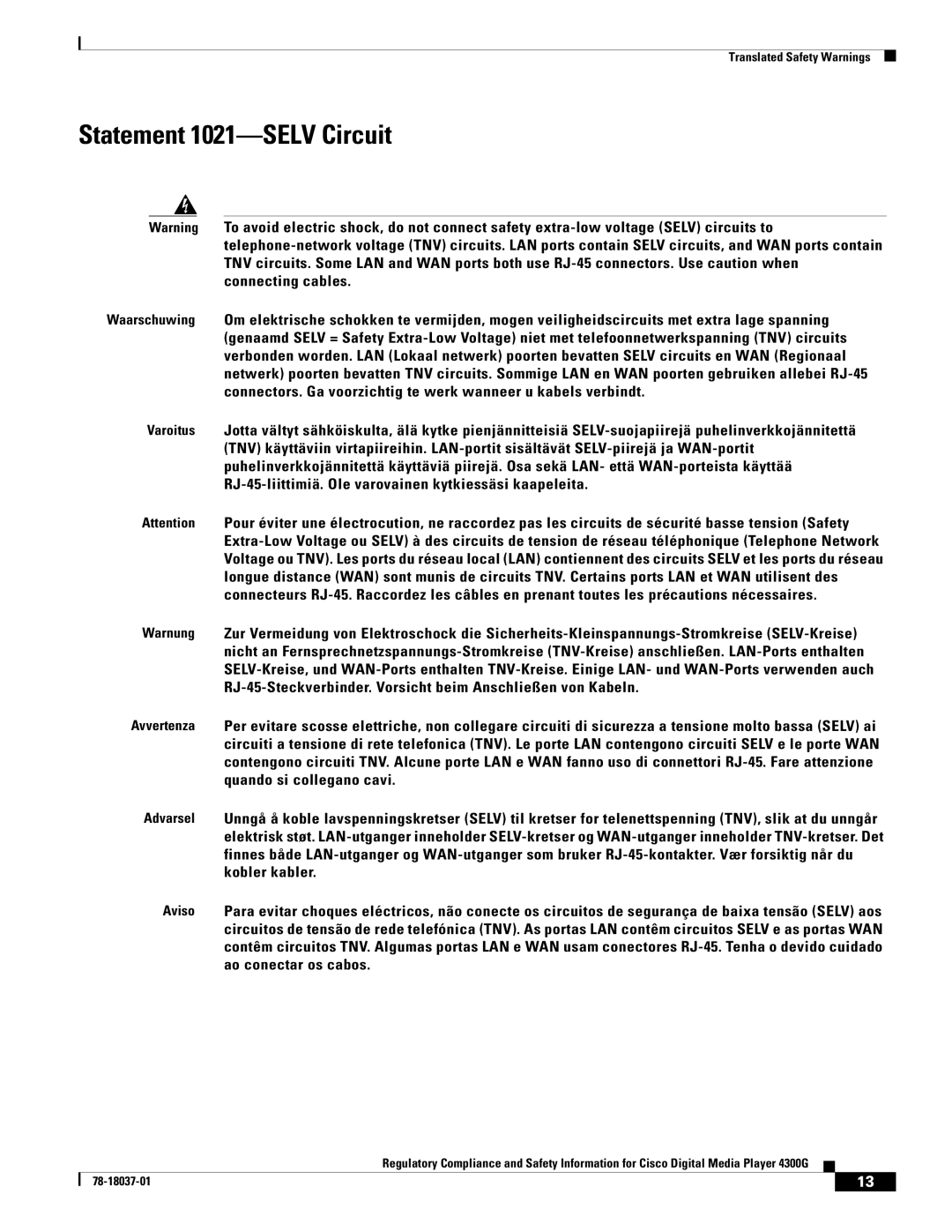 Cisco Systems 4300G 4300G manual Statement 1021-SELV Circuit 