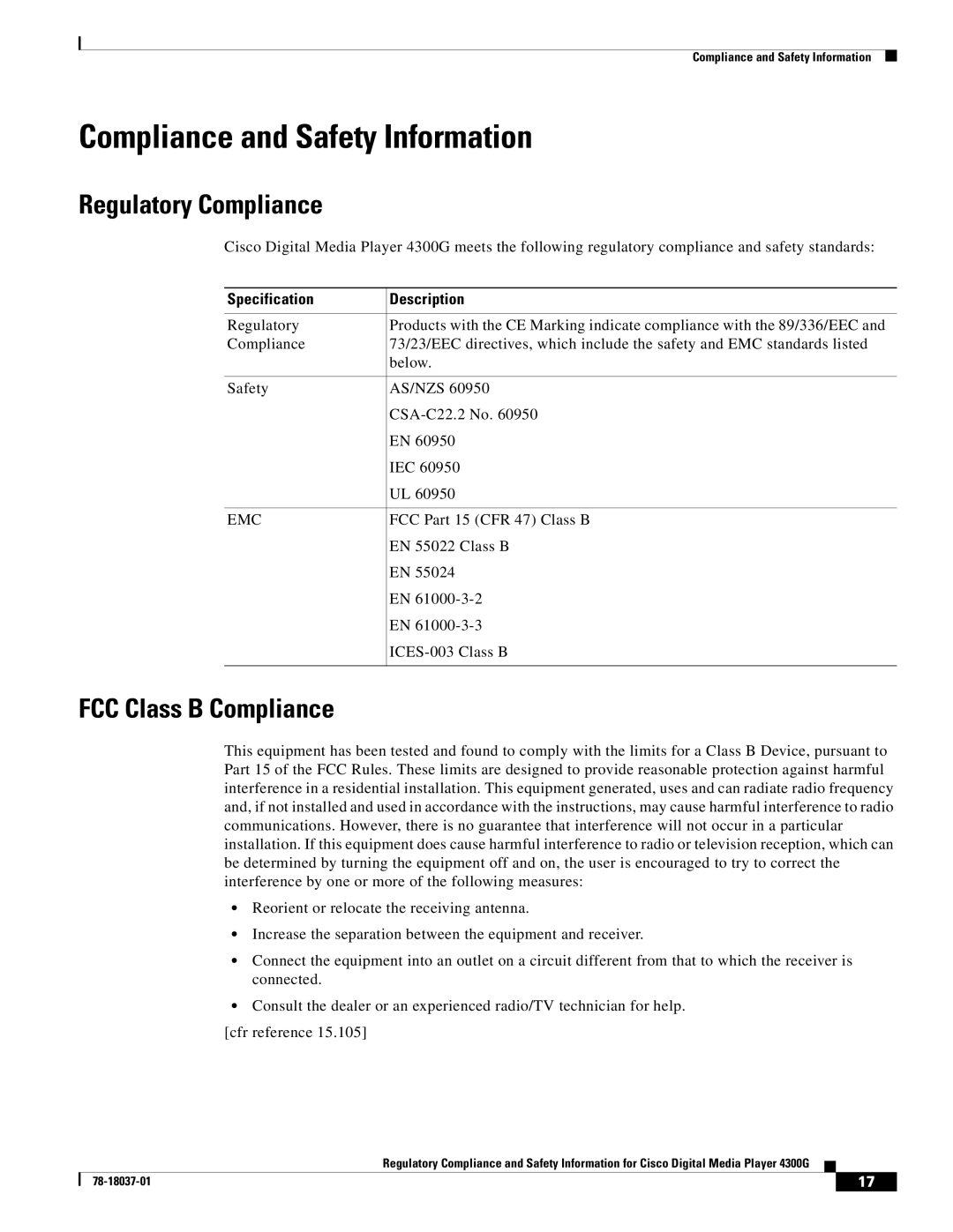 Cisco Systems 4300G 4300G manual Compliance and Safety Information, Regulatory Compliance, FCC Class B Compliance 