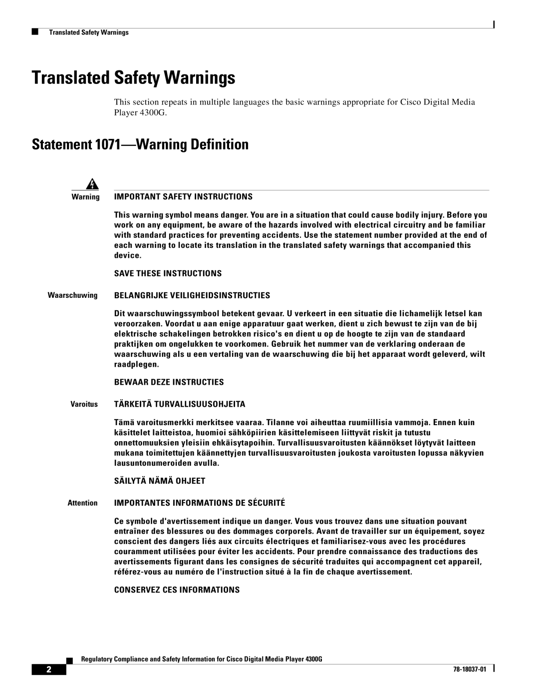 Cisco Systems 4300G 4300G manual Translated Safety Warnings, Statement 1071-Warning Definition, Bewaar Deze Instructies 