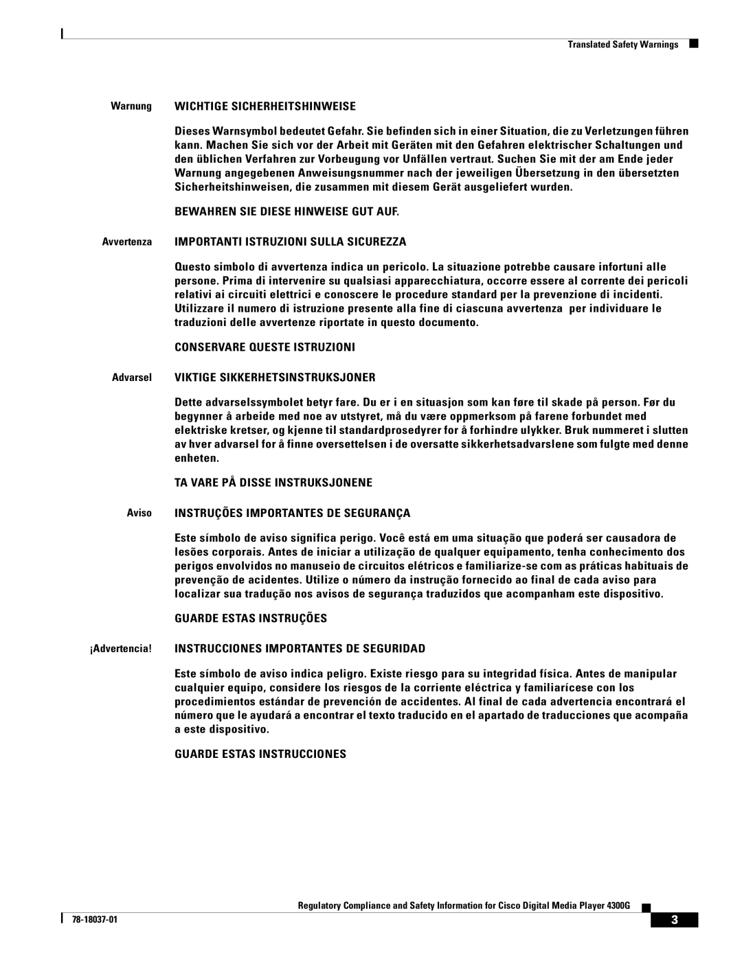 Cisco Systems 4300G 4300G manual Bewahren SIE Diese Hinweise GUT AUF, Conservare Queste Istruzioni, Guarde Estas Instruções 