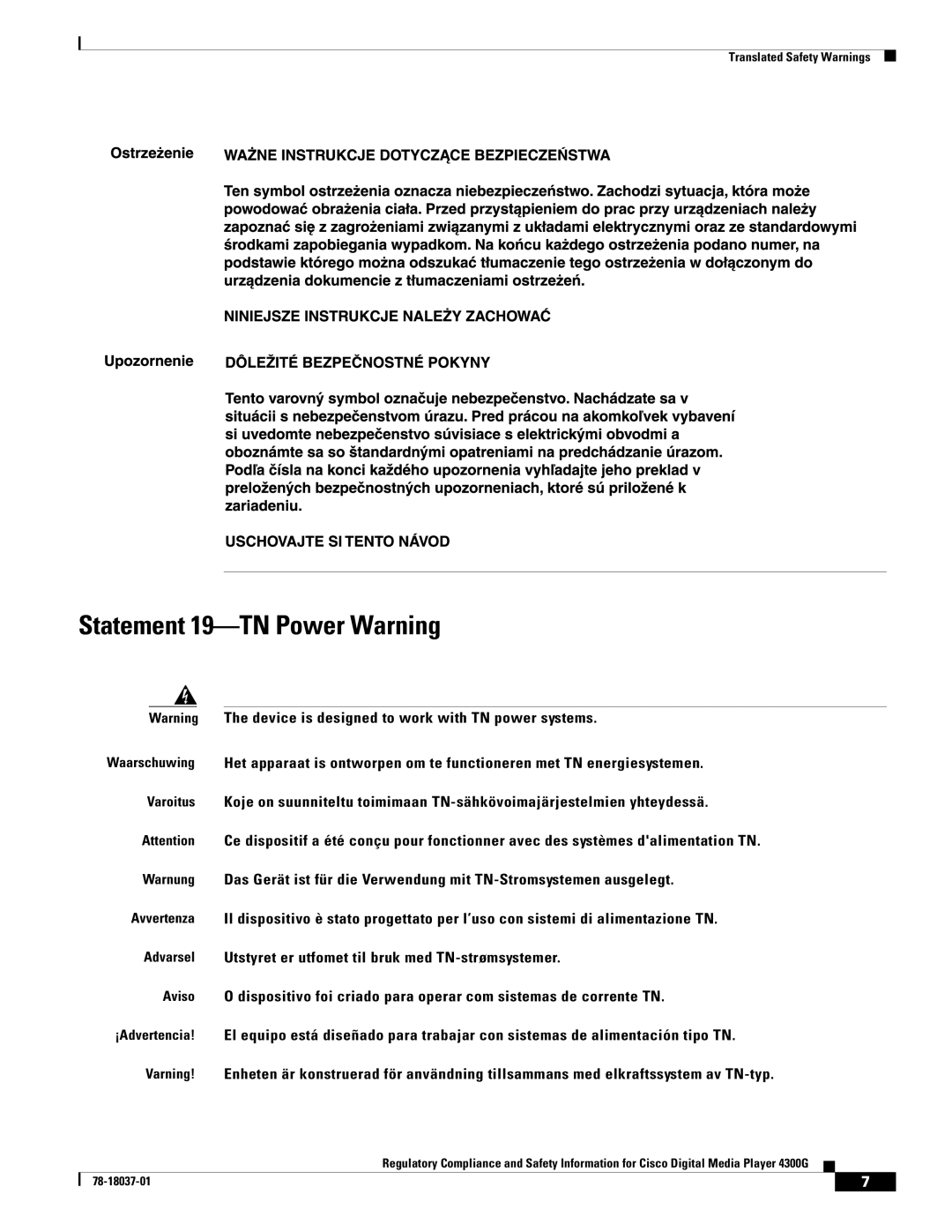 Cisco Systems 4300G 4300G manual Statement 19-TN Power Warning 