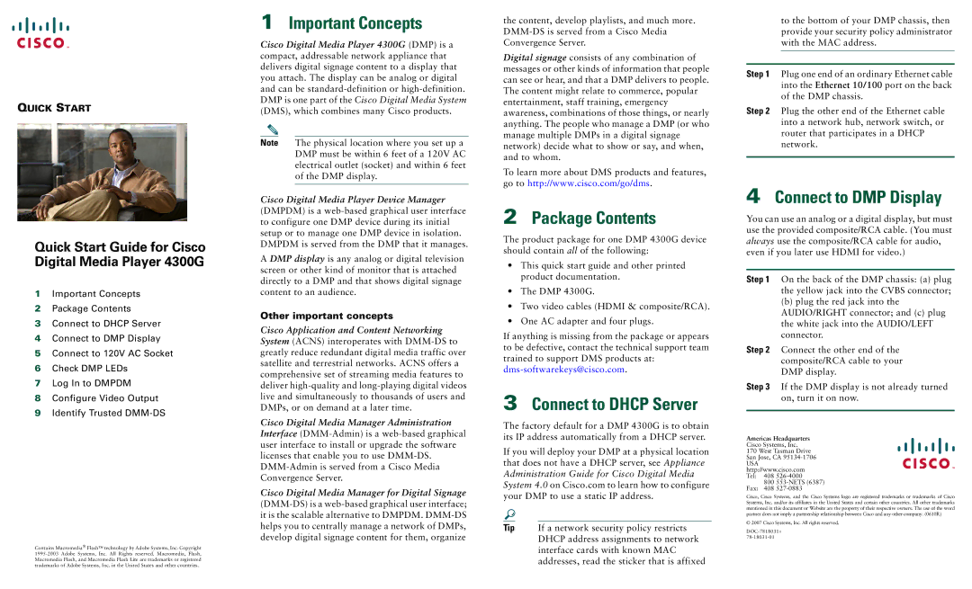 Cisco Systems 4300G quick start Important Concepts, Package Contents, Connect to Dhcp Server 