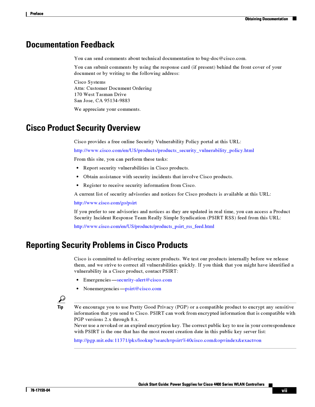 Cisco Systems 4400 Documentation Feedback, Cisco Product Security Overview, Reporting Security Problems in Cisco Products 
