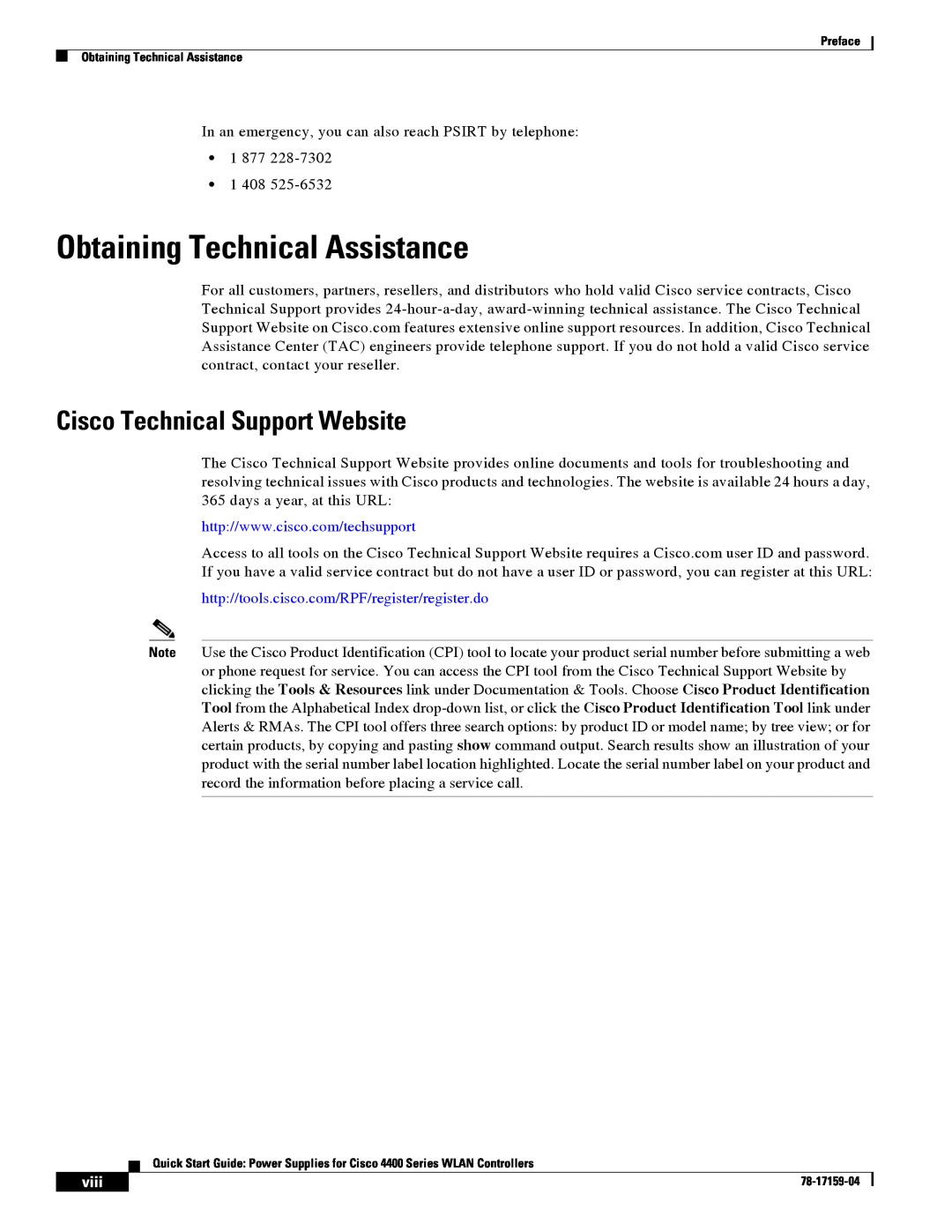 Cisco Systems 4400 quick start Obtaining Technical Assistance, Cisco Technical Support Website, viii 