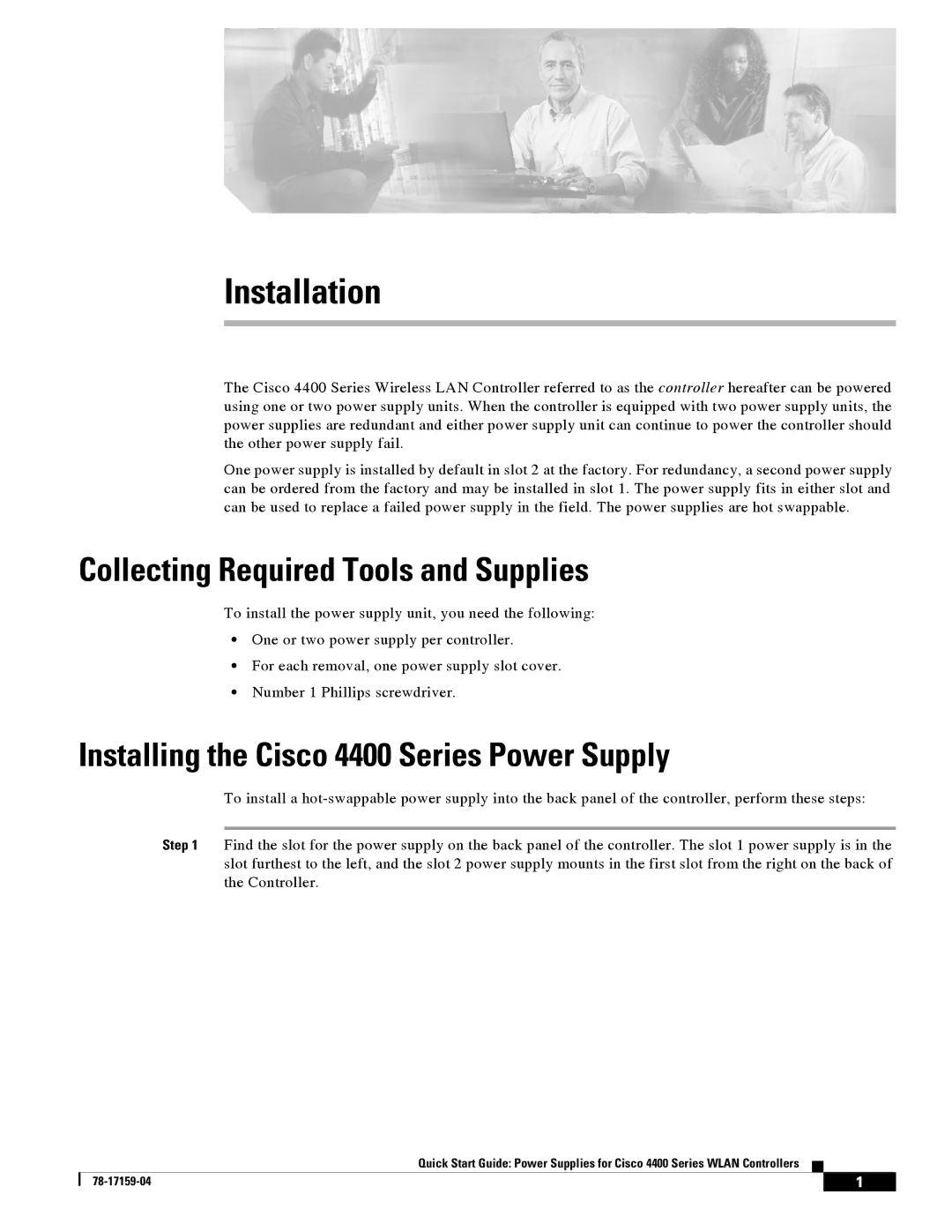 Cisco Systems quick start Collecting Required Tools and Supplies, Installing the Cisco 4400 Series Power Supply 