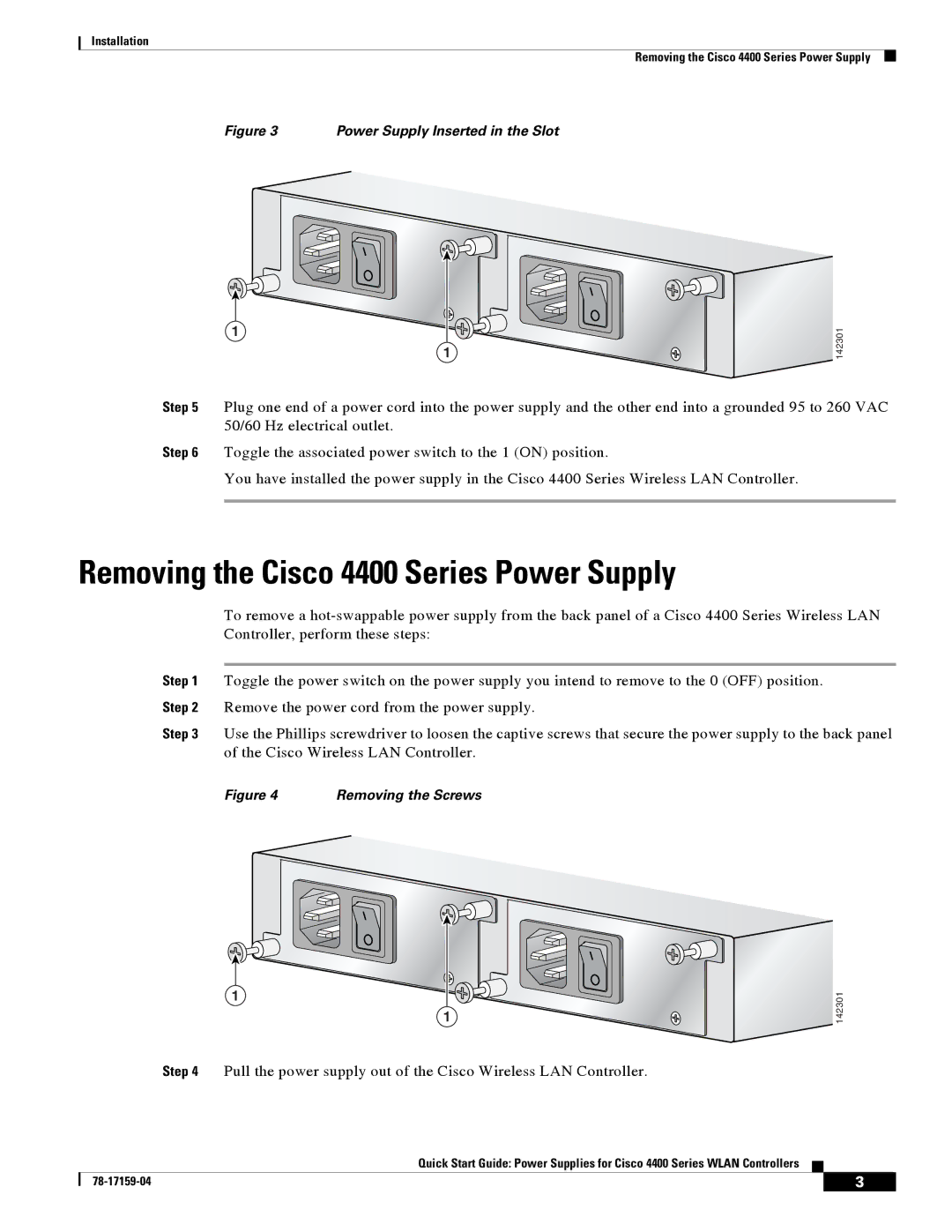 Cisco Systems quick start Removing the Cisco 4400 Series Power Supply 