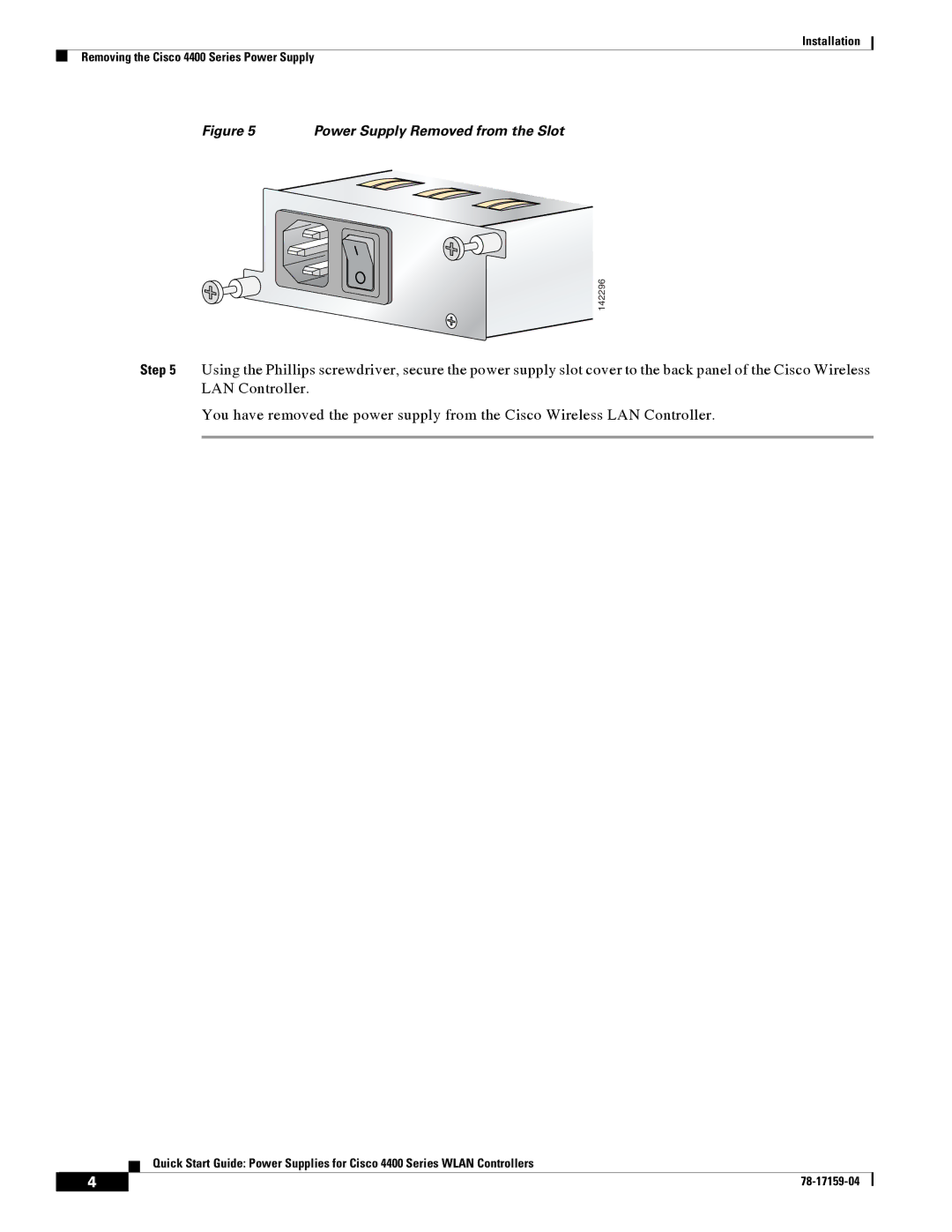 Cisco Systems 4400 quick start Power Supply Removed from the Slot 