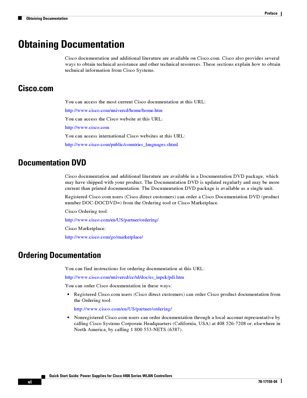 Cisco Systems 4400 quick start Obtaining Documentation, Cisco.com, Documentation DVD, Ordering Documentation 