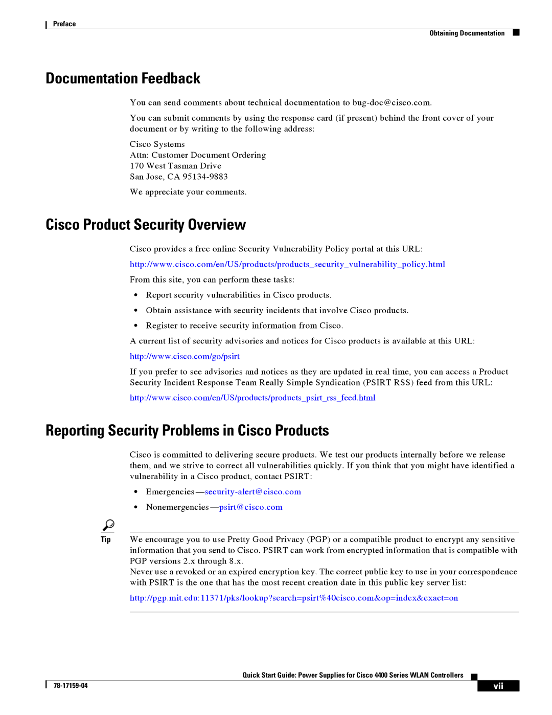 Cisco Systems 4400 Documentation Feedback, Cisco Product Security Overview, Reporting Security Problems in Cisco Products 