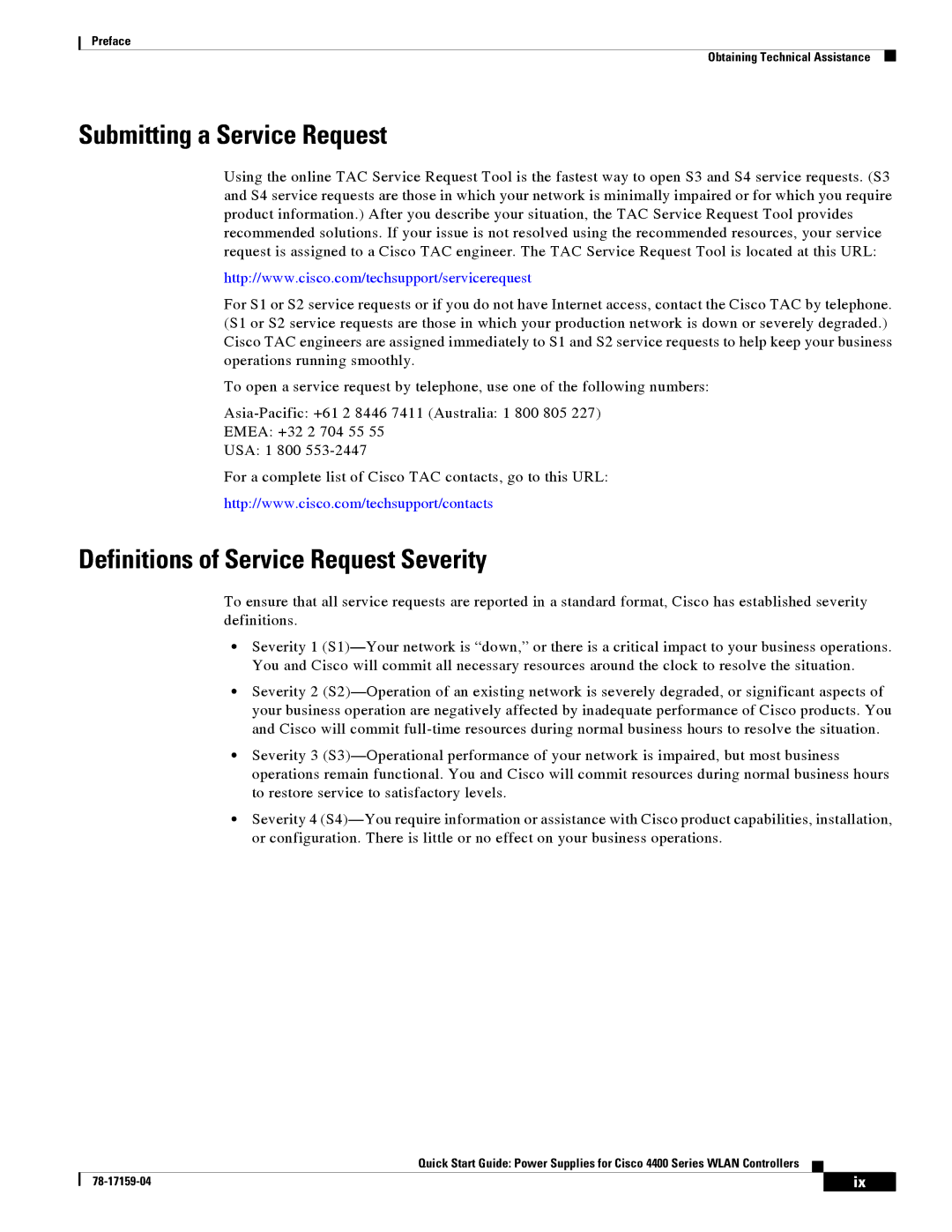 Cisco Systems 4400 quick start Submitting a Service Request, Definitions of Service Request Severity 