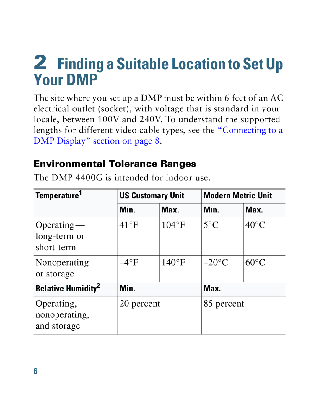 Cisco Systems 4400G quick start Finding a Suitable Location to Set Up Your DMP, Environmental Tolerance Ranges 