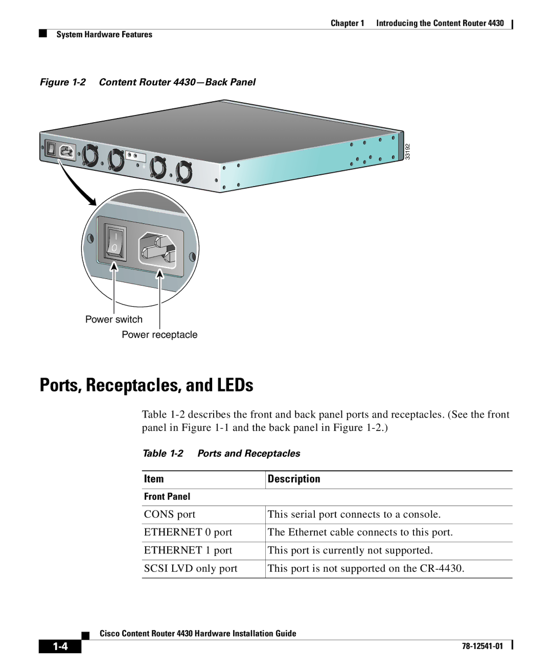 Cisco Systems specifications Ports, Receptacles, and LEDs, Content Router 4430-Back Panel 