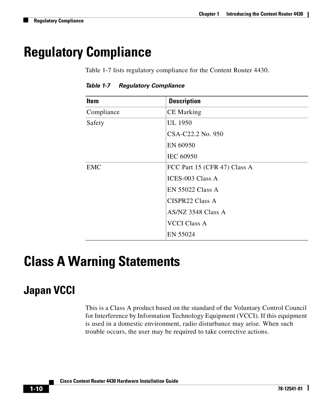 Cisco Systems 4430 specifications Regulatory Compliance, Class A Warning Statements, Japan VCCI, 1-10 