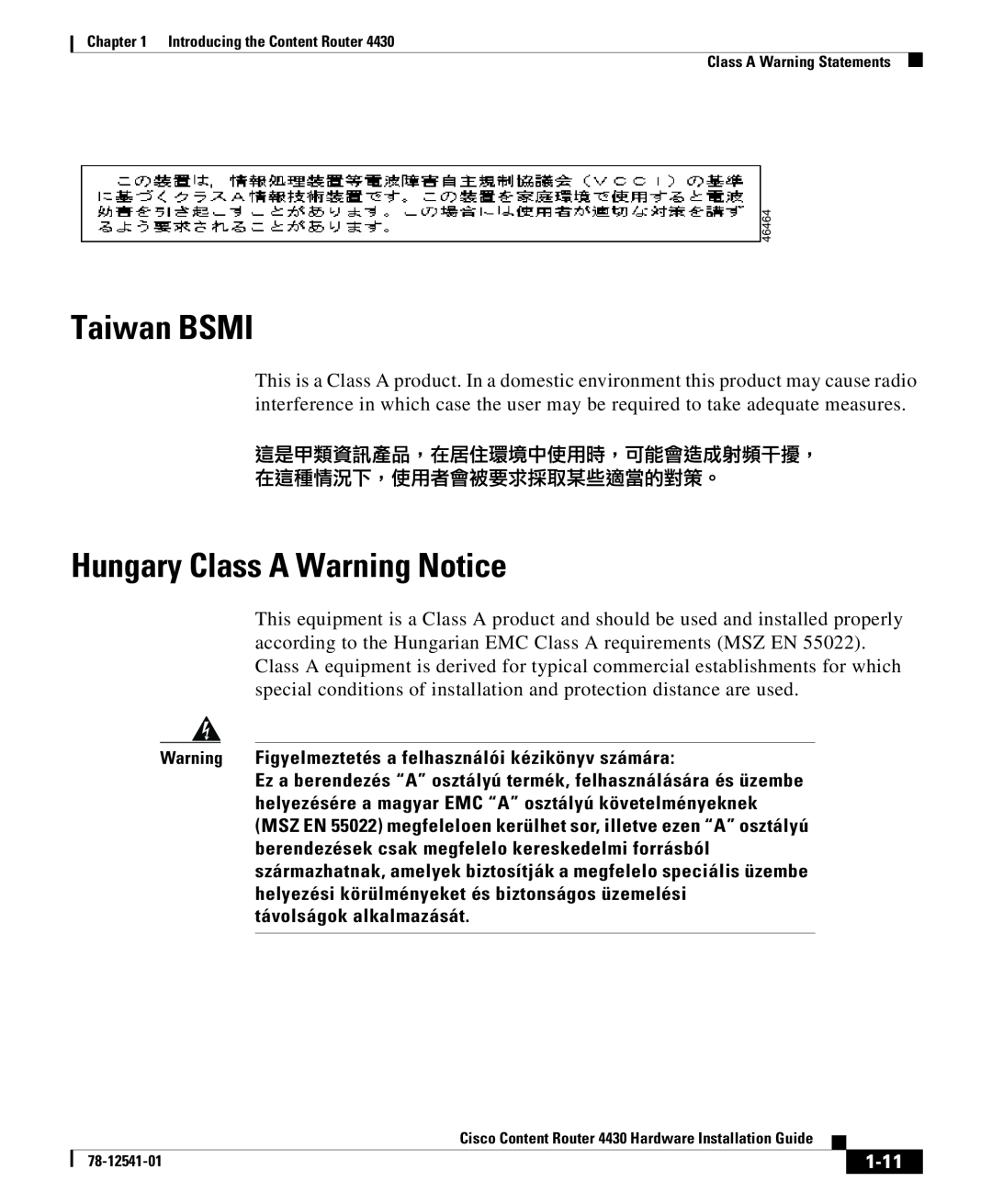 Cisco Systems 4430 specifications Taiwan BSMI, Hungary Class A Warning Notice, 1-11 