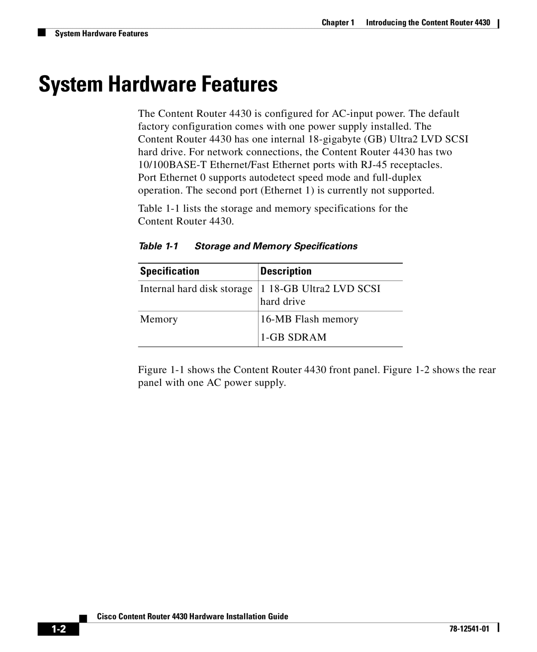 Cisco Systems 4430 specifications System Hardware Features, Specification, Description 