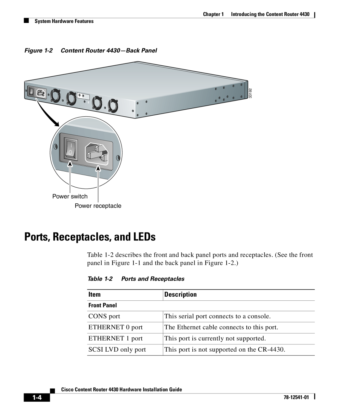 Cisco Systems 4430 specifications Ports, Receptacles, and LEDs 
