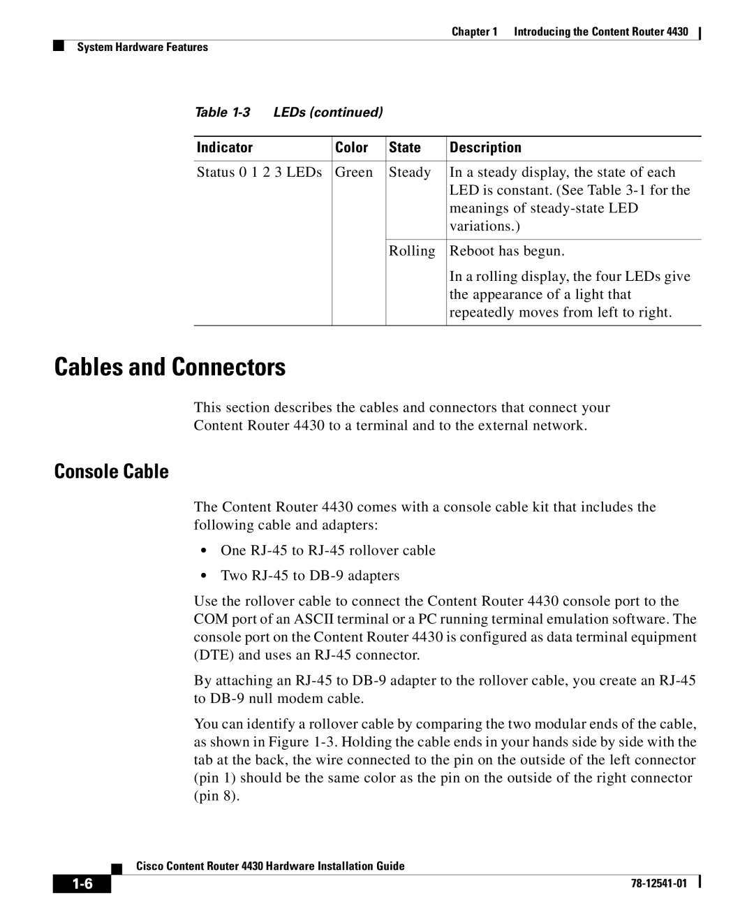 Cisco Systems 4430 specifications Cables and Connectors, Console Cable 