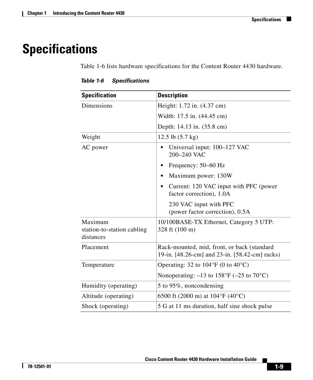 Cisco Systems 4430 specifications Specifications 
