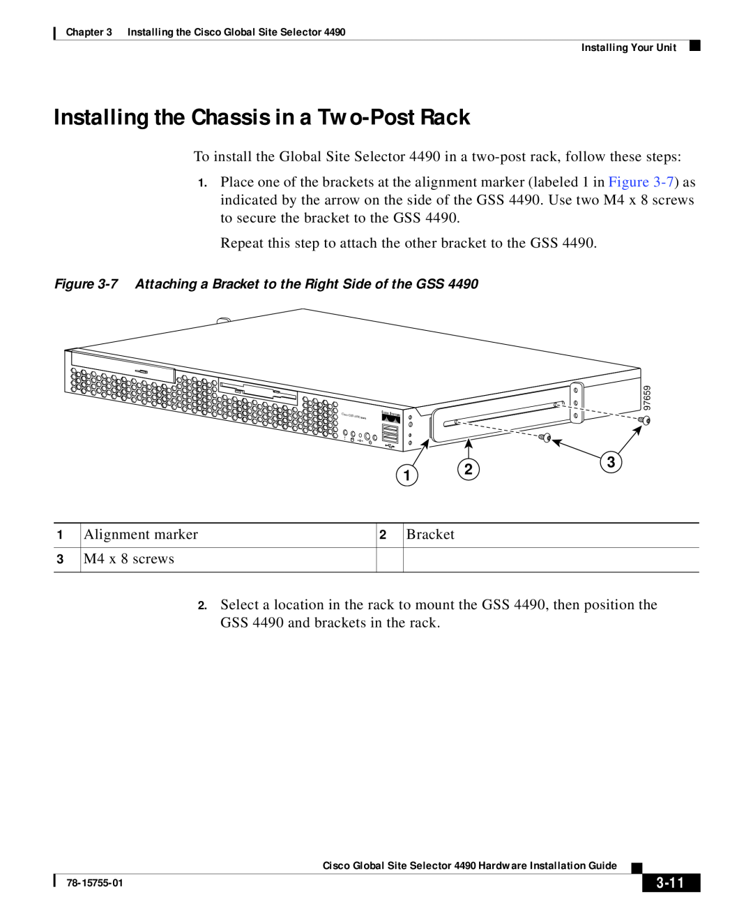 Cisco Systems 4490 3-11, Installing the Chassis in a Two-Post Rack, Installing Your Unit, M4 x 8 screws, 97659, Cisco GSS 