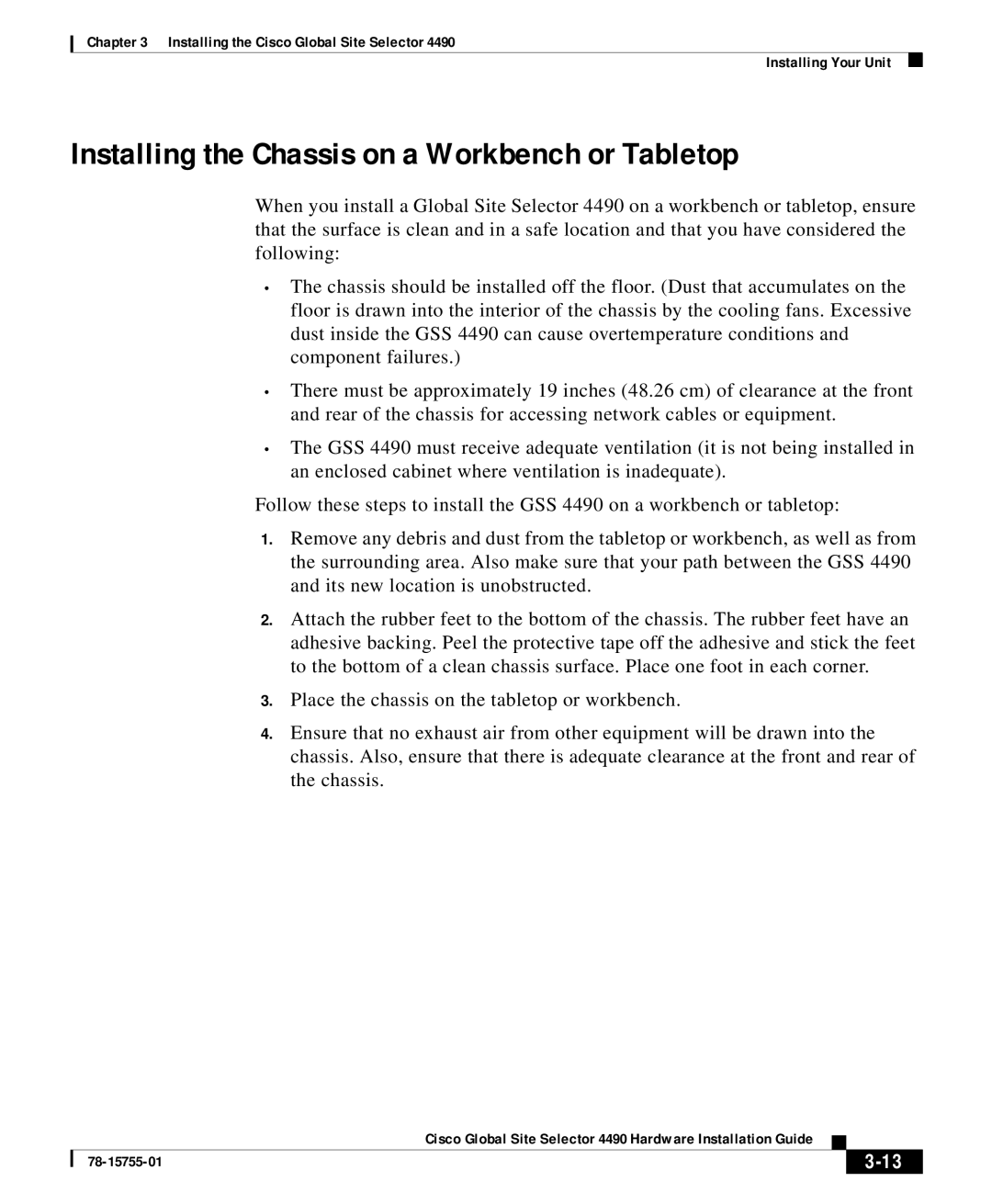 Cisco Systems 4490 appendix Installing the Chassis on a Workbench or Tabletop, 3-13 