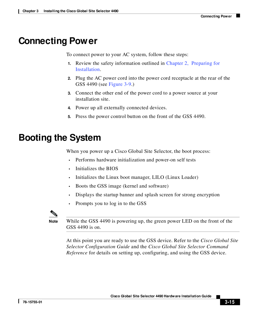Cisco Systems 4490 appendix Connecting Power, Booting the System, 3-15 
