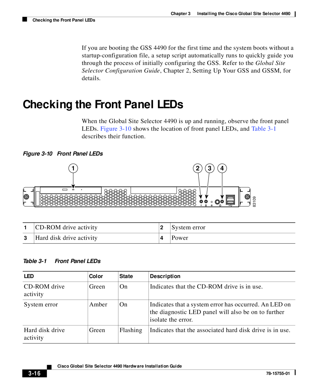 Cisco Systems 4490 appendix Checking the Front Panel LEDs, 3-16, Color, State, Description 