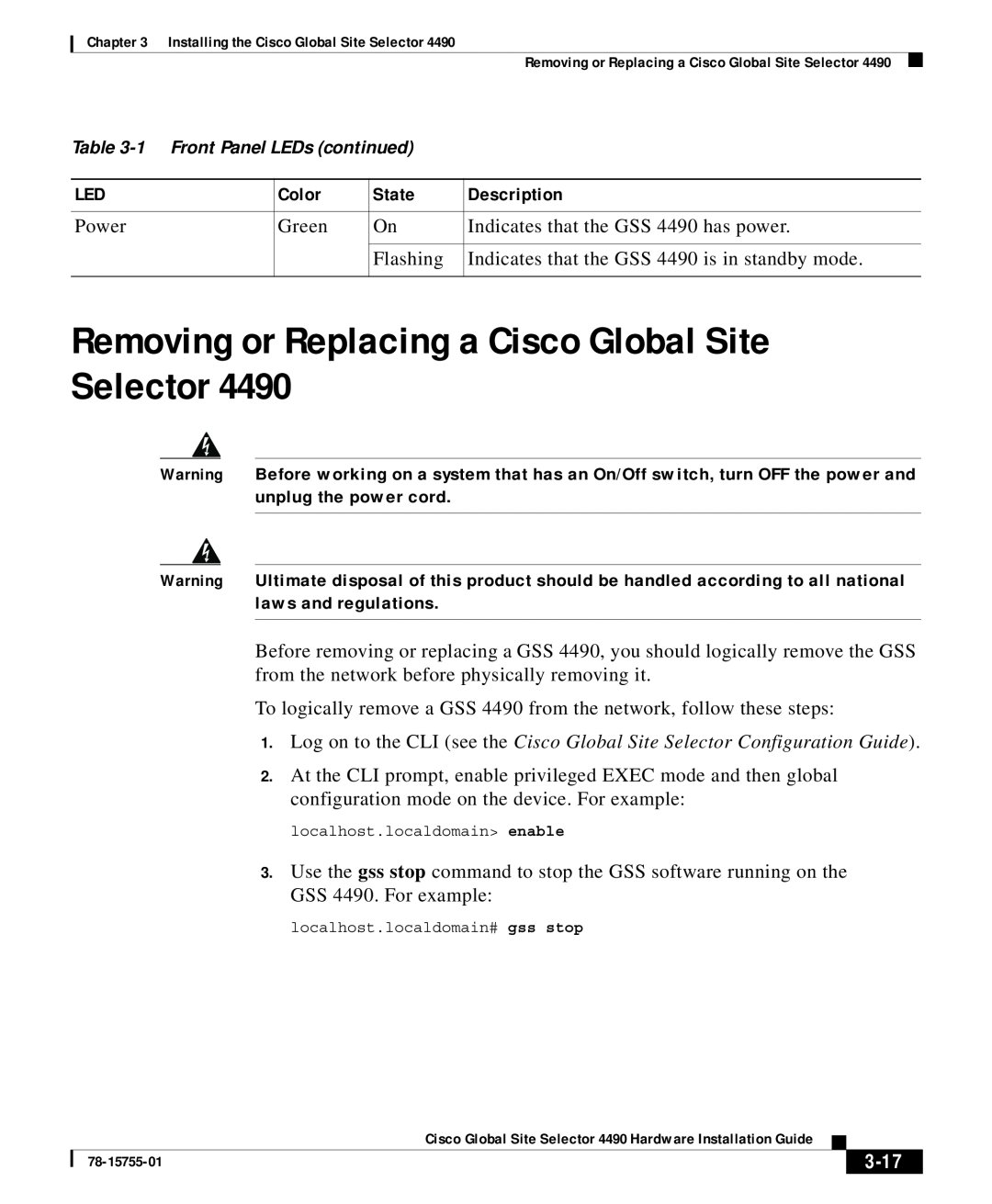 Cisco Systems 4490 appendix Removing or Replacing a Cisco Global Site Selector, 3-17, 1 Front Panel LEDs continued 