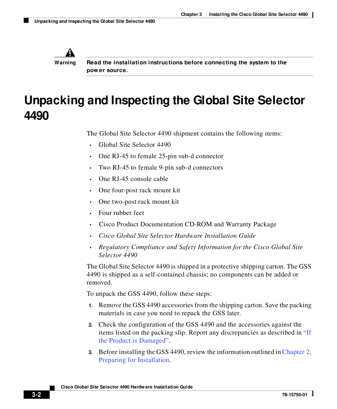 Cisco Systems 4490 appendix Unpacking and Inspecting the Global Site Selector 