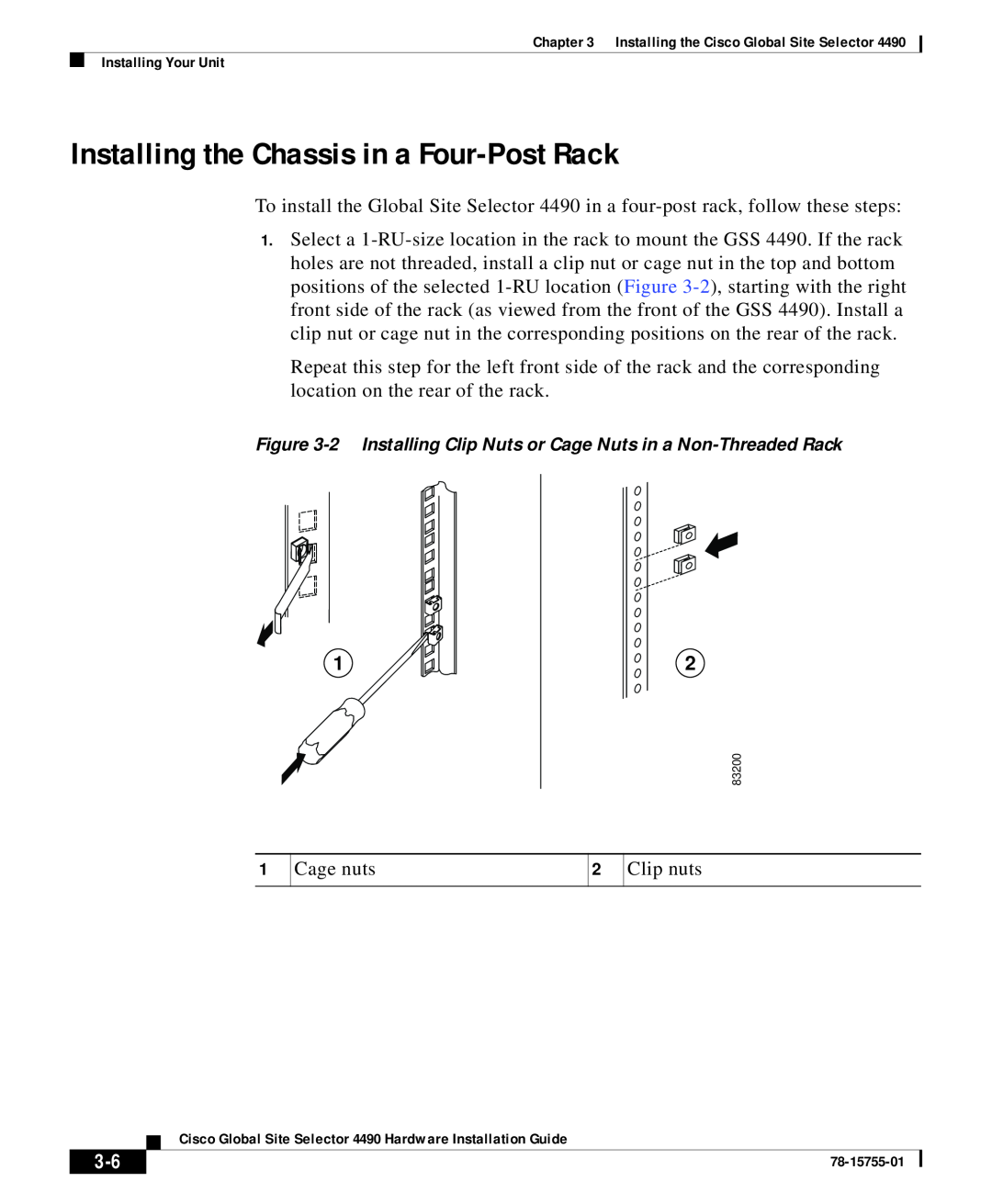 Cisco Systems 4490 Installing the Chassis in a Four-Post Rack, 2 Installing Clip Nuts or Cage Nuts in a Non-Threaded Rack 