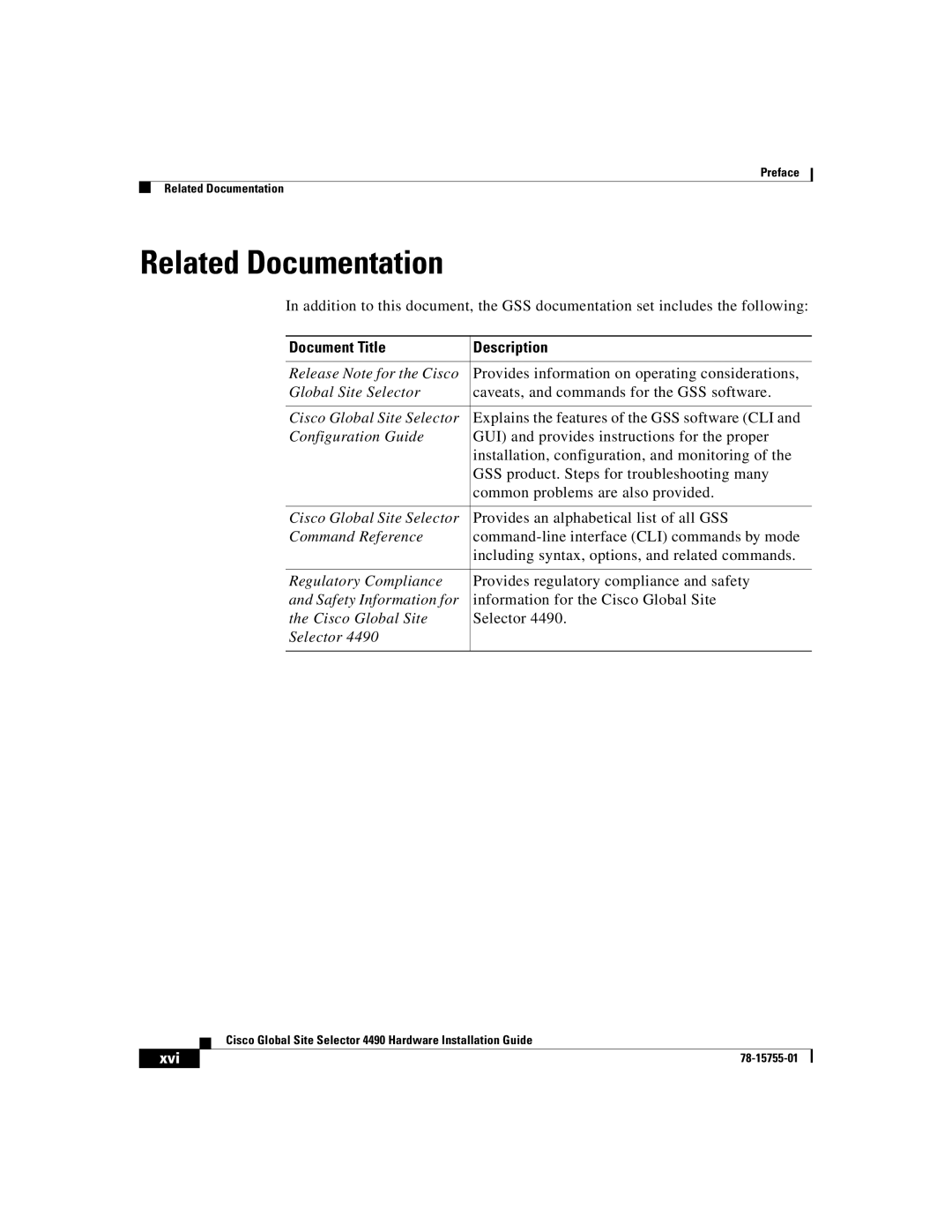 Cisco Systems 4490 manual Related Documentation, Document Title Description 