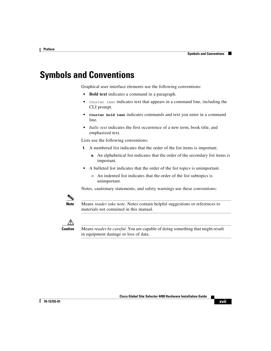 Cisco Systems 4490 manual Symbols and Conventions, Xvii 