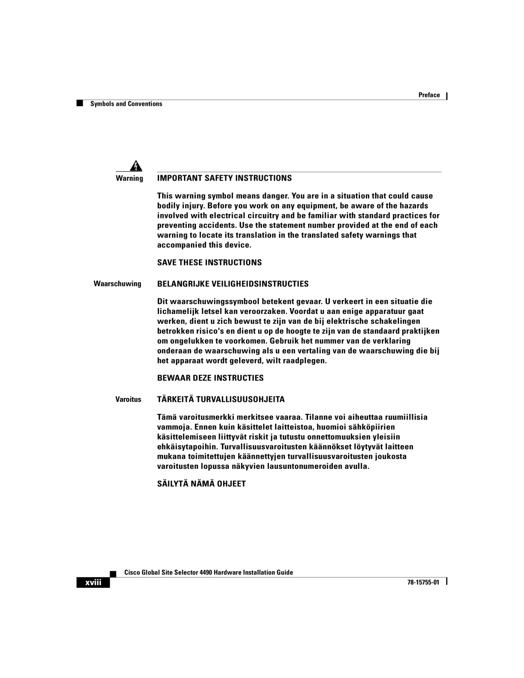 Cisco Systems 4490 manual Bewaar Deze Instructies, Varoitus Tärkeitä Turvallisuusohjeita 