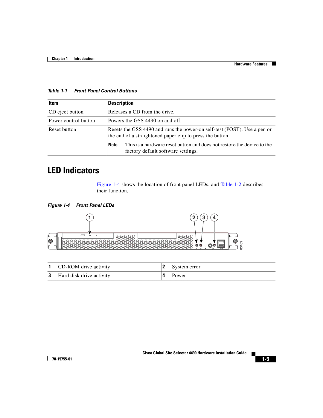 Cisco Systems 4490 manual LED Indicators, Front Panel LEDs 